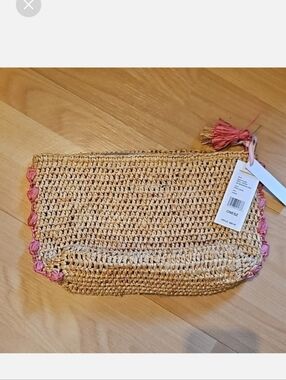 NWT Vineyard Vines Pom Trim Crochet Zip Pouch neon coral